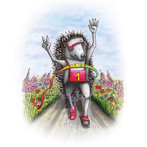 Hedgehog Dougal winning a running race