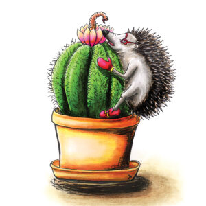 Hedgehog Dougal on cactus plant