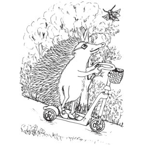 Hedgehog Dougal on a scooter