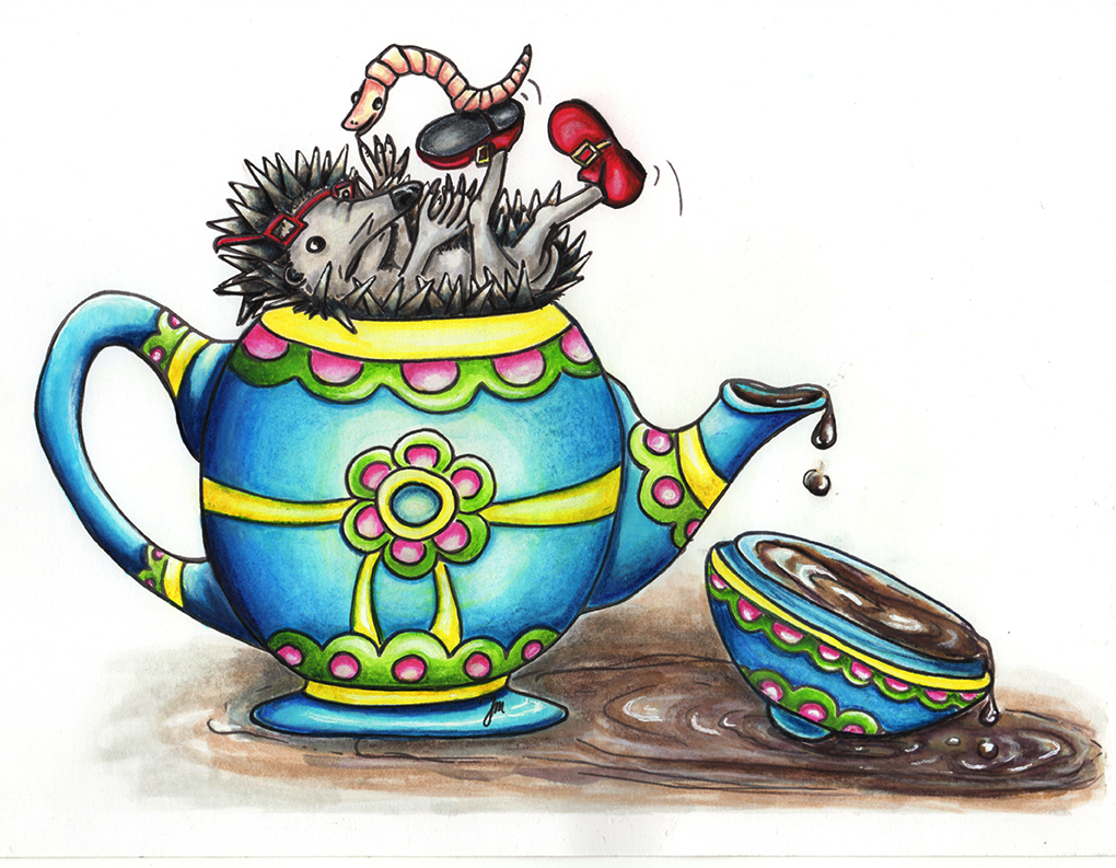 Hedgehog Dougal stuck in a teapot